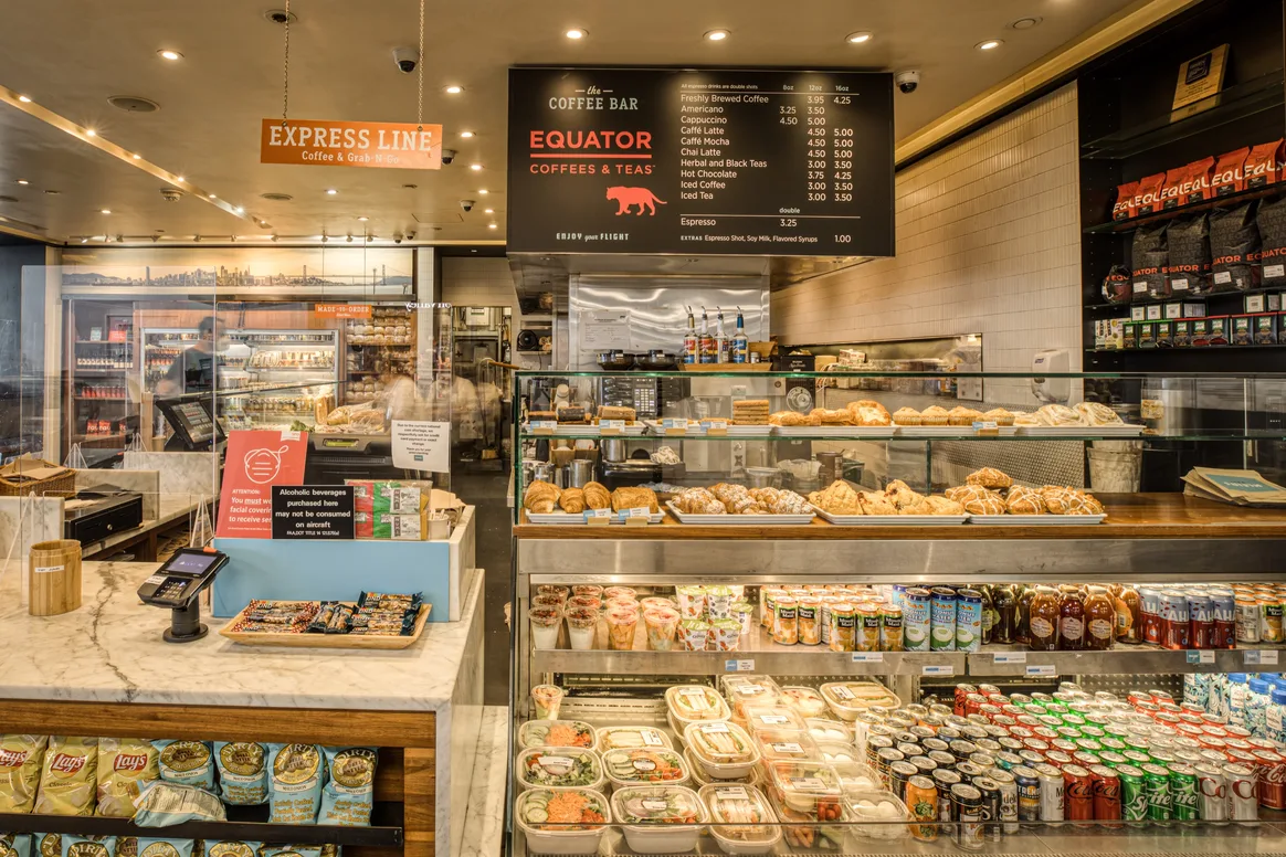 Pastry and drink case of Klein's Deli & Coffee, Terminal 3 SFO